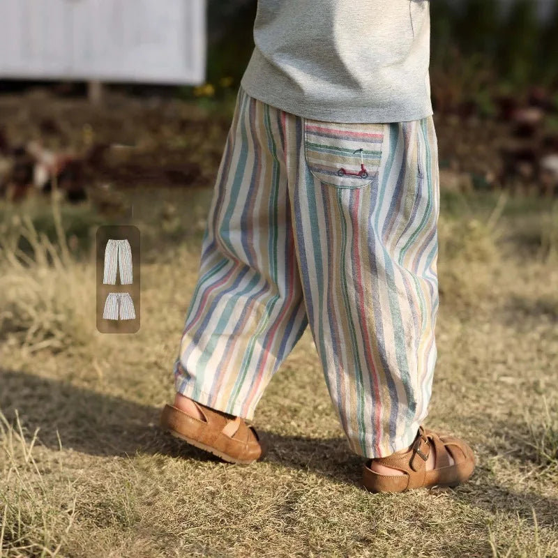 Bellbell Children Boys Trousers Thin Breathable Rainbow Striped Kids Anti-mosquito Pant Round Collar Infant Babys Boys Shorts