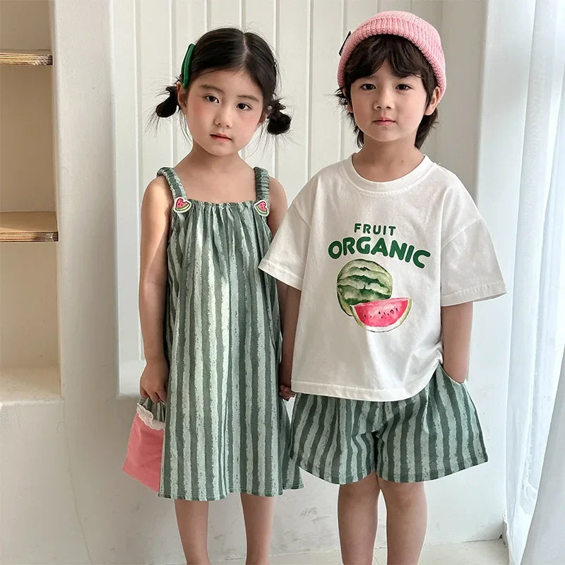 Children's Summer Clothes Set Boys' Pure Cotton Striped Tee and Shorts 2pcs Suit Cute Girls Suspenders Dress Siblings' Outfit