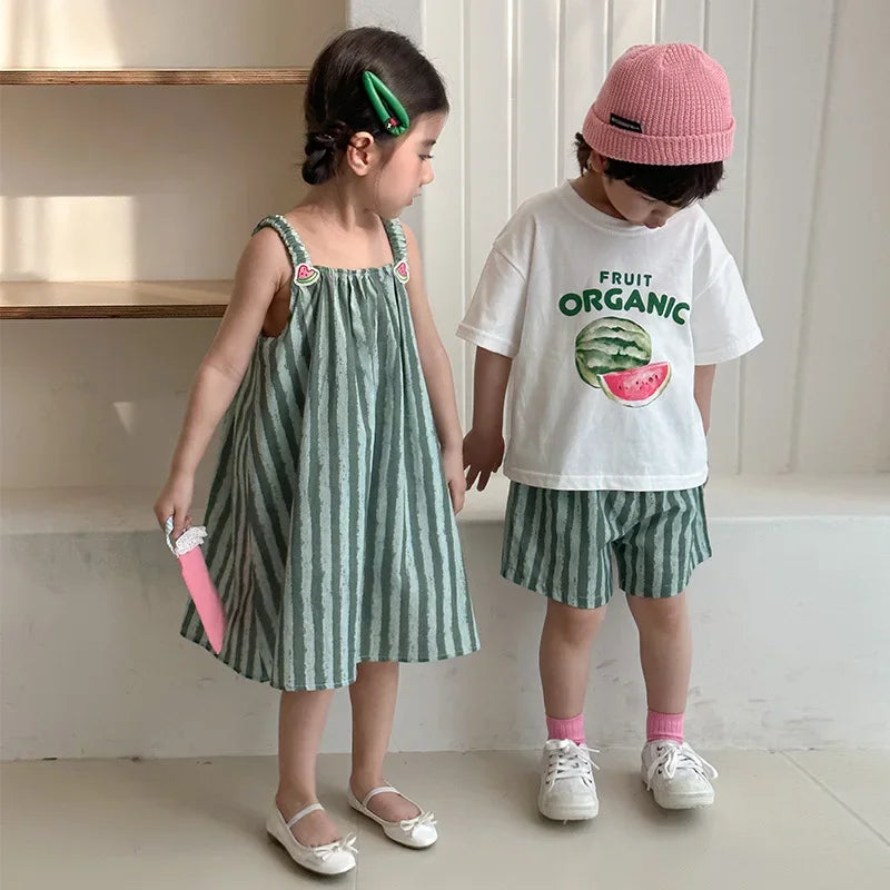 Children's Summer Clothes Set Boys' Pure Cotton Striped Tee and Shorts 2pcs Suit Cute Girls Suspenders Dress Siblings' Outfit
