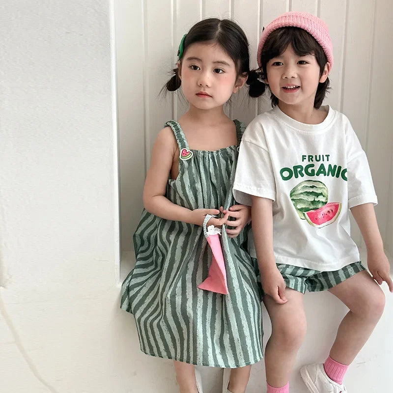 Children's Summer Clothes Set Boys' Pure Cotton Striped Tee and Shorts 2pcs Suit Cute Girls Suspenders Dress Siblings' Outfit