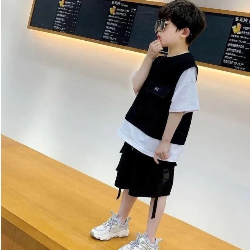 T-shirt Workwear Summer Suit for Boy Boys Sweatshirt Kids Korean Clothing Shorts Children Clothes Set Sets Cotton Boy´s Outdoor